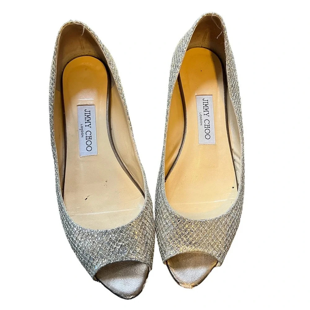 Jimmy Choo Silver Peep Toe Flats, size 39.5